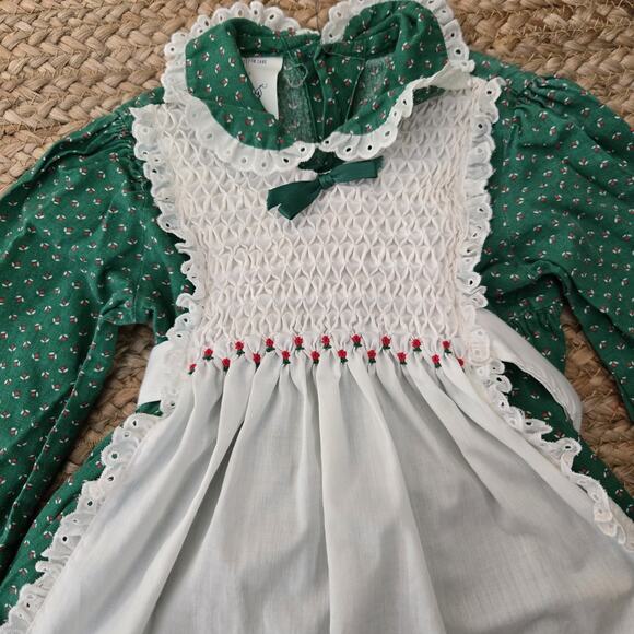 Vintage‎ Polly Flinders 2 Pc Pinafore Dress Green~White~Smocked Embroidery 3T - Picture 4 of 6